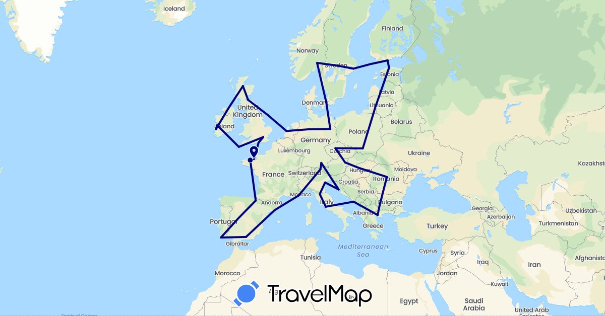 TravelMap itinerary: driving in Austria, Bulgaria, Czech Republic, Germany, Denmark, Estonia, Spain, Finland, France, United Kingdom, Greece, Croatia, Hungary, Ireland, Italy, Netherlands, Norway, Poland, Portugal, Romania, Sweden (Europe)